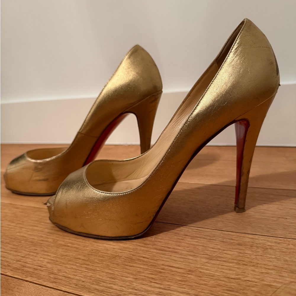 Christian Louboutin Gold Peep-Toe Heels